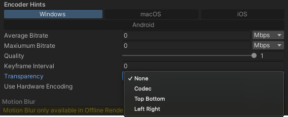 Transparency capture modes: None, Codec, Top Bottom, Left Right