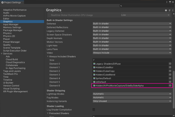 Always Included Shaders: AVProMovieCapture/SideBySideAlpha