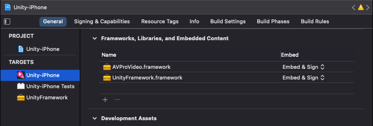 Unity-iPhone target showing AVProVideo.framework set to Embed & Sign